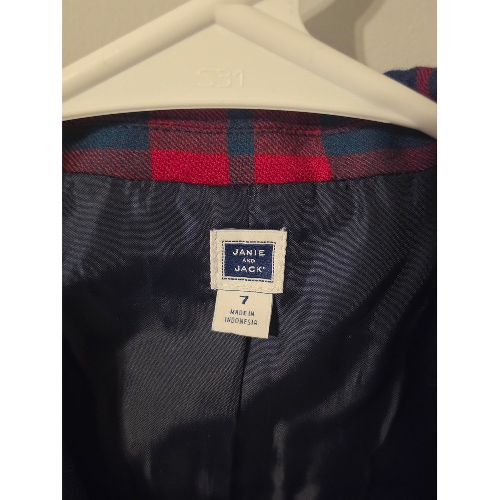 Janie and Jack Boys Red Navy Blue Plaid Wool Blazer Jacket Holiday Size 7 - Picture 2 of 6